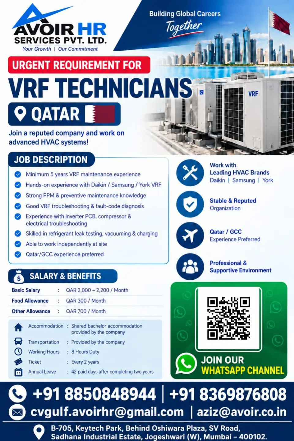 URGENT REQUIREMENT FOR VRF TECHNICIANS at Avoir Hr Services Pvt Ltd ...