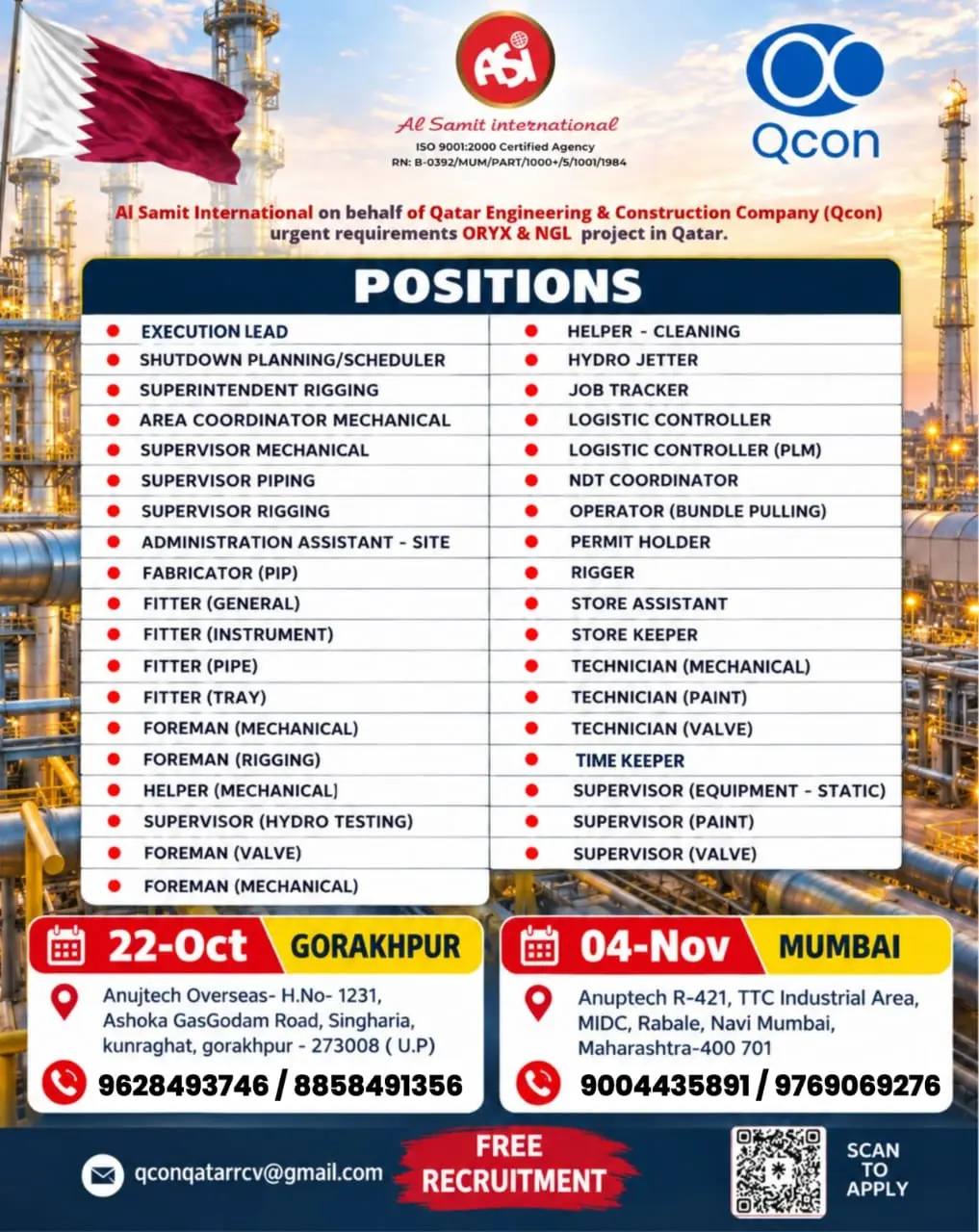 Lifting And Rigging Storage Urgent Recruitment for Qcon ORYX & NGL Project in Qatar at Gulf Jobs ...